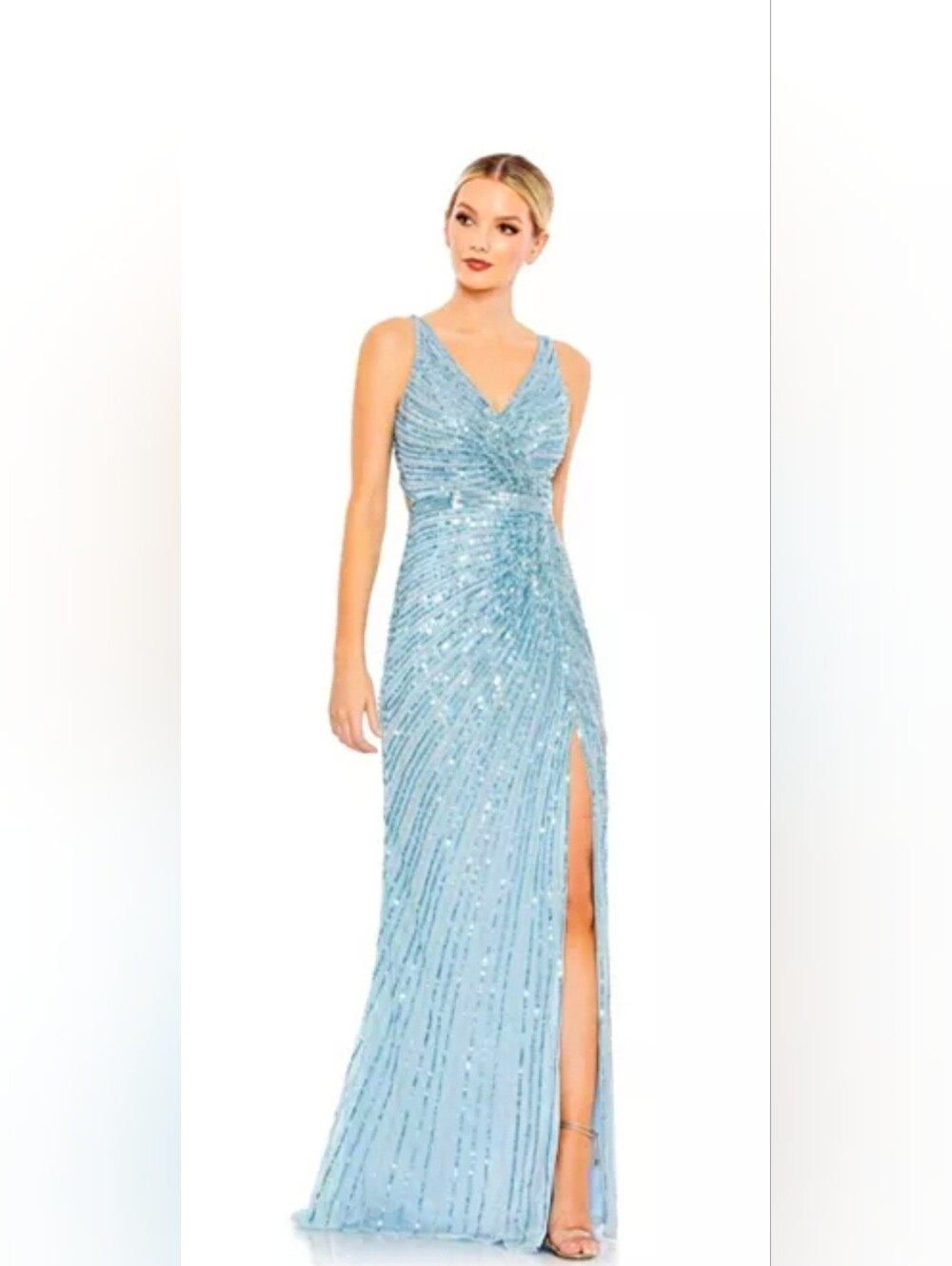 Mac DuggalWomen's Sequined Faux Wrap Sleeveless Gown~Size 14~ Color Icy Blue NWT